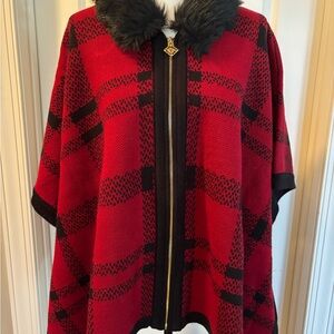 Anne Klein Plaid Sweater/Poncho with Faux Fur Collar